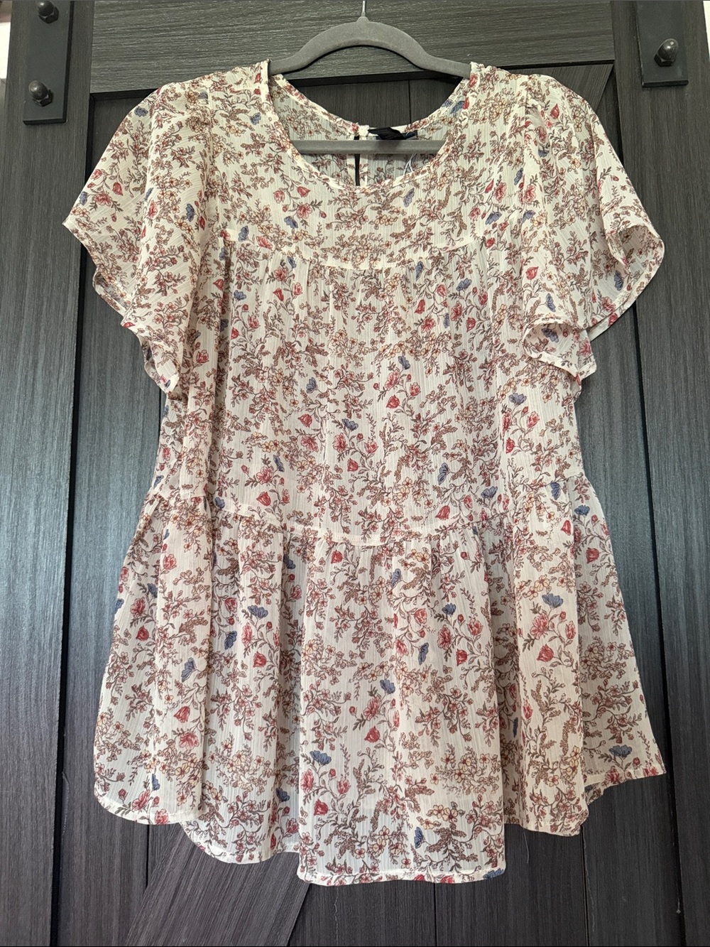 Daytrip Cream Floral Peplum Blouse with Red & Blue Accents